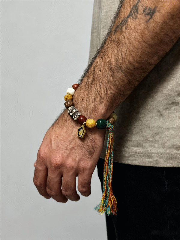 Front wrist detail of the Pangu inspired After the Divide bracelet (12mm) with a gold charm and carved focal bead, featuring earthy mixed tones