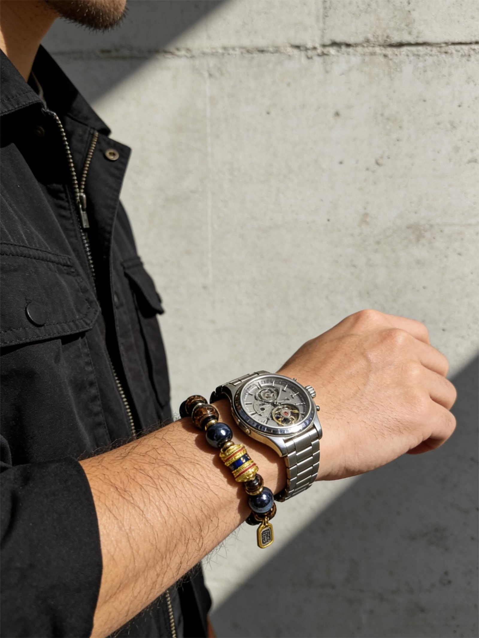 After the Flood agate bracelet on a man’s wrist, inspired by Gonggong, featuring natural stone beads and gold details in natural light