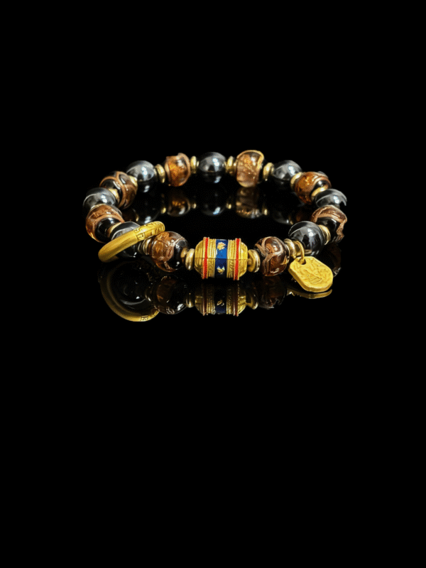 Gonggong inspired agate bracelet with dark gemstone beads and gold details, unisex myth inspired jewelry