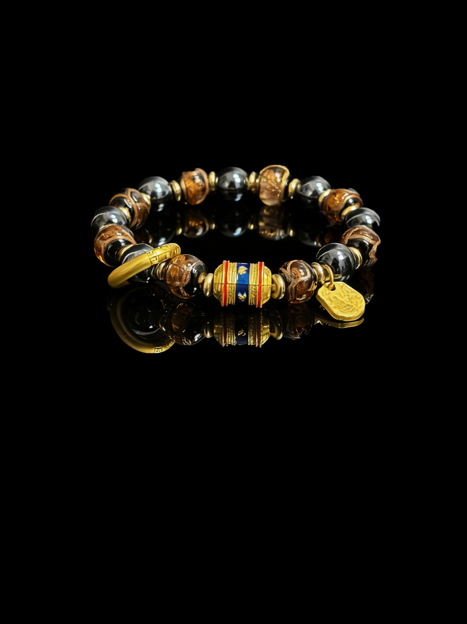 Gonggong inspired agate bracelet with dark gemstone beads and gold details, unisex myth inspired jewelry