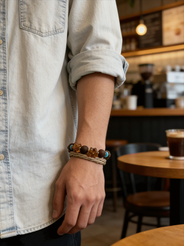 Amber Dawn & Agarwood Earthheart Bracelet – Pangu Edition Lifestyle Style Amber Dawn and Agarwood Earthheart Bracelet Pangu Edition worn on wrist in casual lifestyle setting