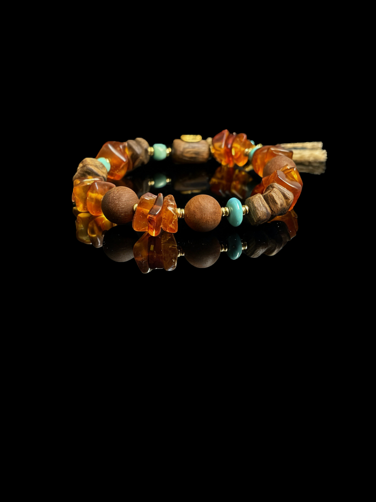 Amber Dawn and Agarwood Earthheart Bracelet Pangu Edition with amber tones and natural wood beads