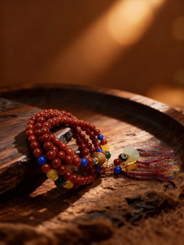 Bound Resolve Red Agate Bracelet 10mm – Xingtian Inspired Product Styling Shot in Warm Light Xingtian inspired Bound Resolve red agate bracelet (10mm) styled on a warm wooden surface with colorful accent beads and tassel charms in a cozy atmosphere
