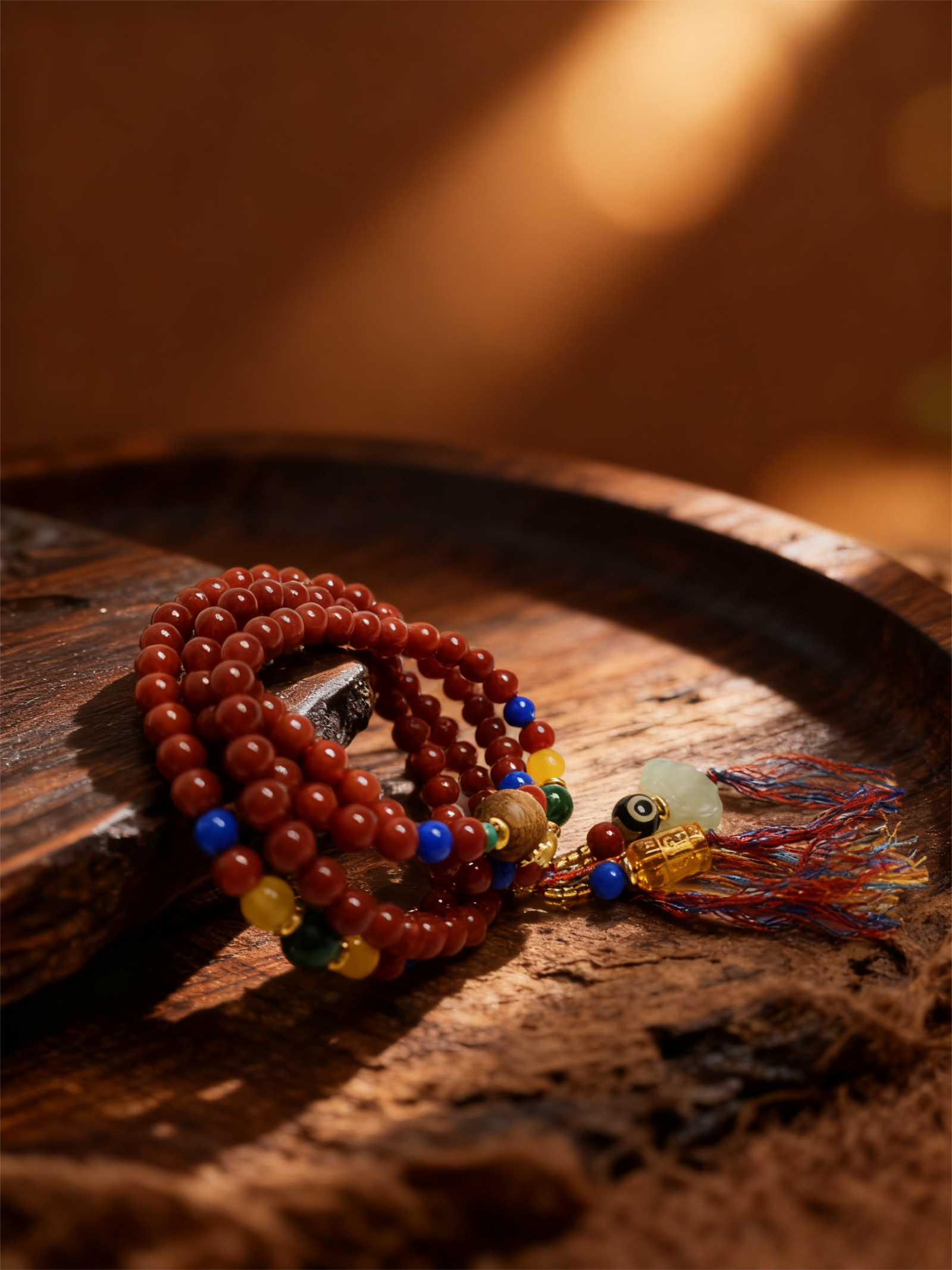 Xingtian inspired Bound Resolve red agate bracelet (10mm) styled on a warm wooden surface with colorful accent beads and tassel charms in a cozy atmosphere