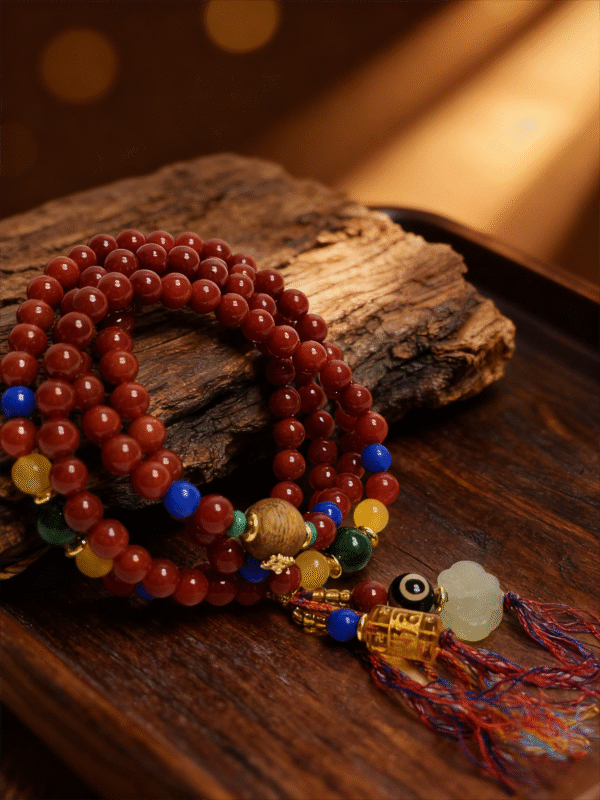Bound Resolve Red Agate Bracelet 10mm – Xingtian Inspired Warm Wood Scene Detail Shot Bound Resolve red agate bracelet (10mm) in a multi-wrap style displayed on a wooden tray under warm lighting, highlighting the red beads and tassel accessories