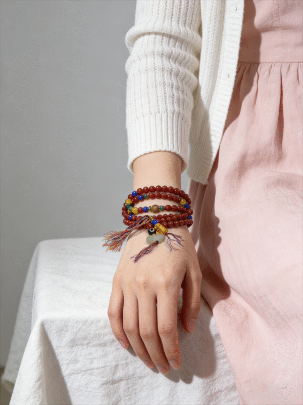 Bound Resolve Red Agate Bracelet 10mm – Xingtian Inspired Women’s Wearing Shot (Multi-Wrap Styling) Woman wearing the Xingtian inspired Bound Resolve red agate bracelet (10mm) in a multi-wrap style with colorful accent beads and tassel charms, styled for a soft everyday look