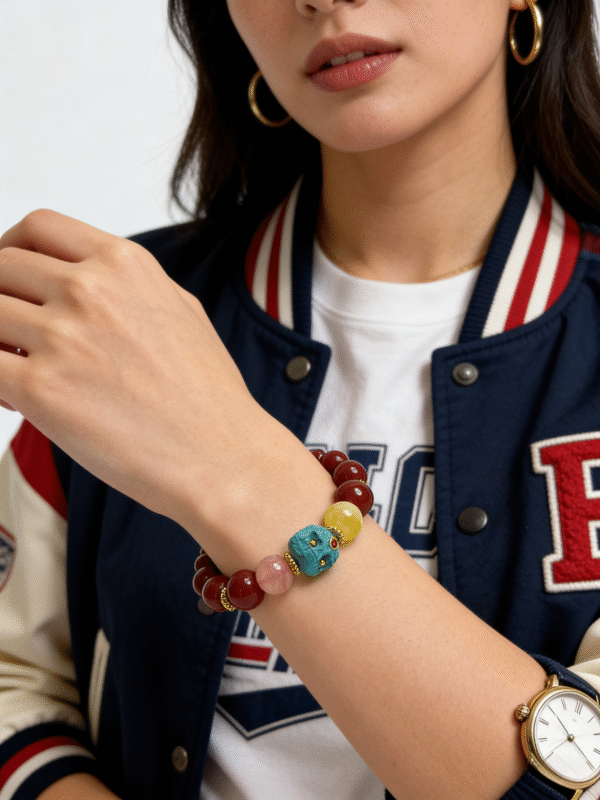 Close-up of a woman’s wrist wearing the Xingtian Myth crimson agate bracelet, highlighting the turquoise totem centerpiece and refined gold accents in a contemporary lifestyle setting.