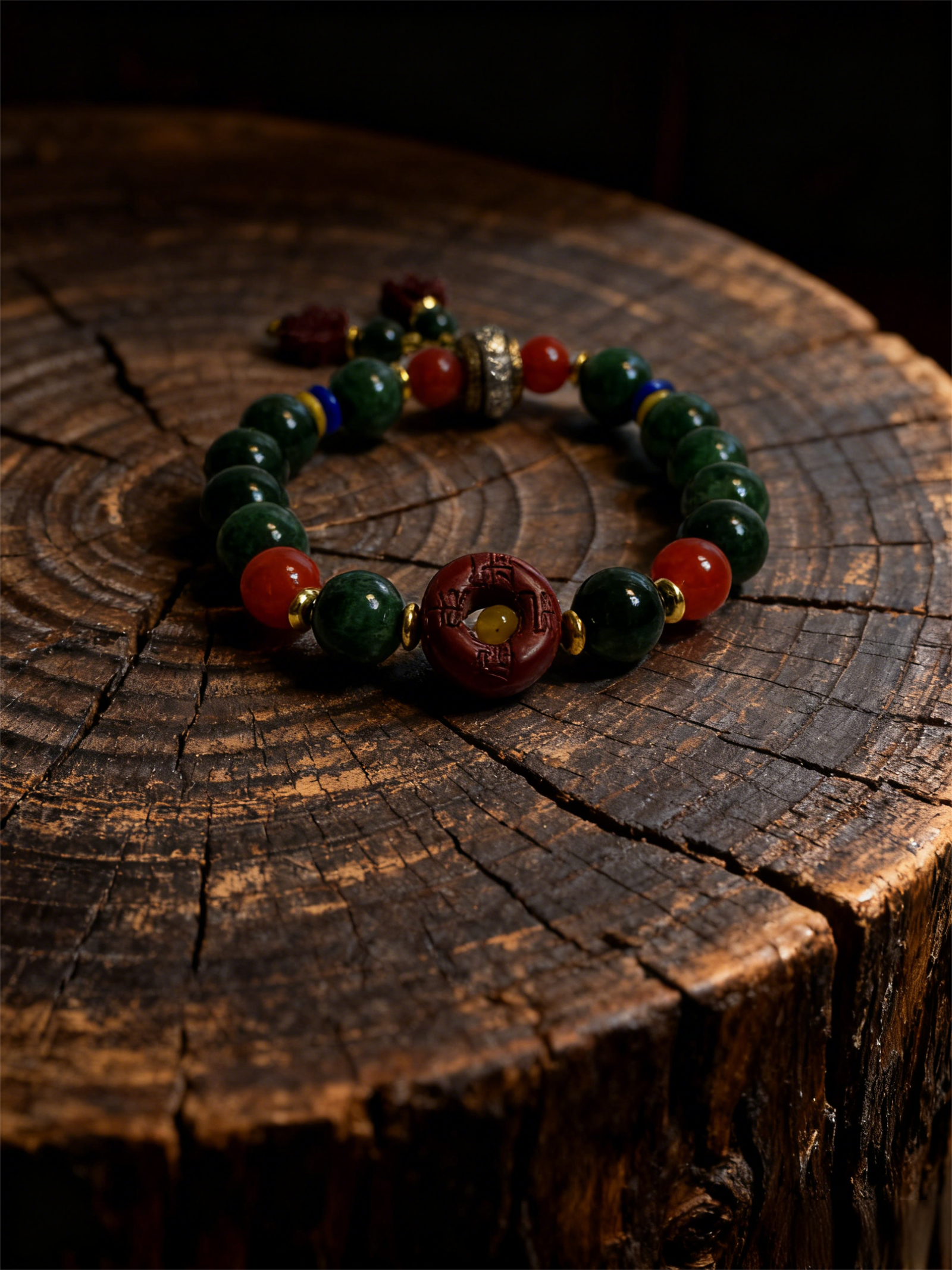 Handcrafted Crimson Seal & Jade Grove Bracelet inspired by Shennong, featuring deep green jade beads, vivid cinnabar-red focal bead engraved with ancient symbols, gold-tone spacers, and traditional color accents, displayed on a natural aged wood surface that highlights the bracelet’s earthy textures, mythological symbolism, and refined artisan craftsmanship.