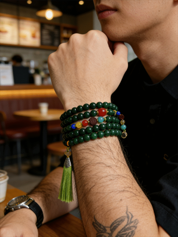 Close-up of a man wearing the Shennong inspired Herbal Way bracelet (8mm) as a multi-wrap wrist stack with colorful beads, tassel details and a watch in a café setting