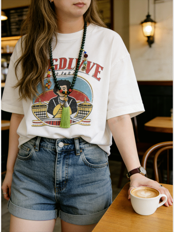 Woman wearing the Shennong inspired Herbal Way bracelet (8mm) as a necklace in a café setting, featuring green beads, colorful accents and a green tassel pendant for casual everyday styling