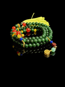 Shennong inspired Herbal Way bracelet (8mm) green beaded wrap bracelet with colorful accents, gold charm and yellow tassel