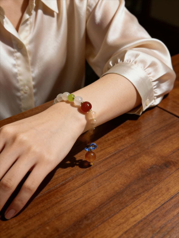 Lunar Stillness Agate Bracelet on Wrist – Chang’e Inspired Serenity Model wearing the Lunar Stillness Agate Bracelet inspired by Chang’e, featuring white agate, green accents, and a red focal bead under warm natural light