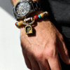 Man wearing Pangu’s Primordial Ethereal Bone-Agate Bracelet with mechanical watch, showing bone and agate beads and symbolic amulet