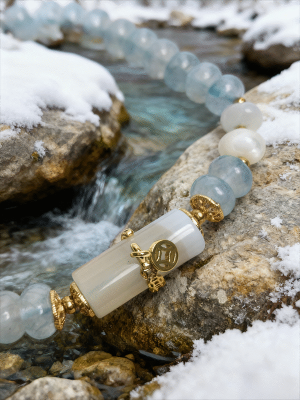 Close-up of the Jingwei inspired Quiet Oath aquamarine bracelet (6mm) with icy blue beads, white accents and gold details photographed by a snowy stream