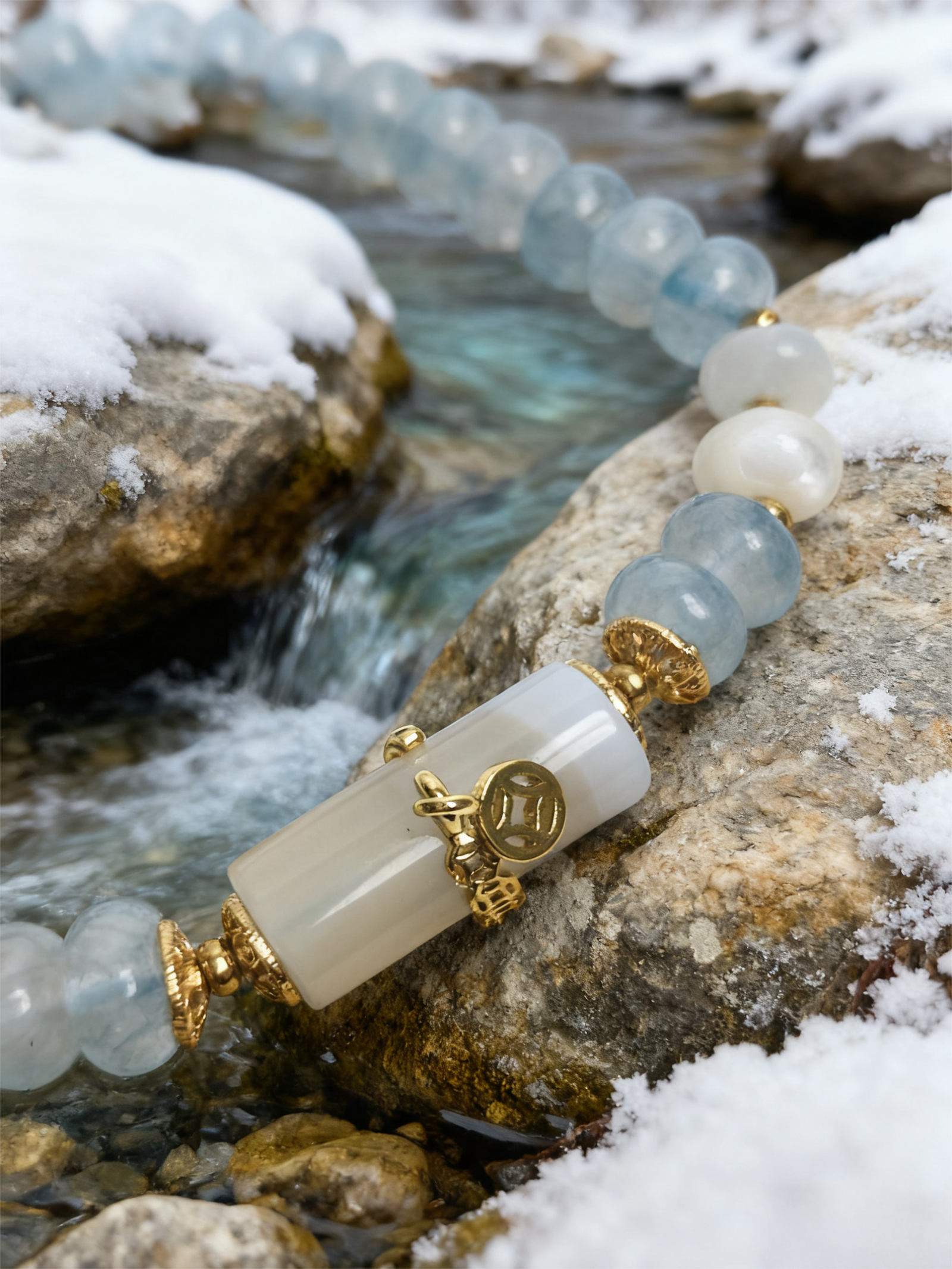 Close-up of the Jingwei inspired Quiet Oath aquamarine bracelet (6mm) with icy blue beads, white accents and gold details photographed by a snowy stream