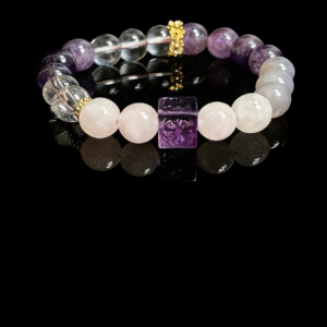 Settled Order Bracelet inspired by Nüwa, featuring amethyst, rose quartz, and clear crystal beads with gold accents, symbolizing balance and harmony