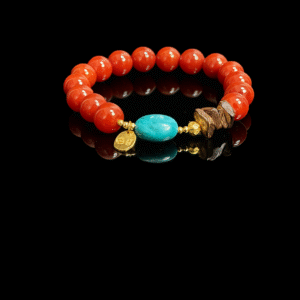 Xingtian inspired Steadfast Heart red agate bracelet (10mm) with turquoise center stone and gold charm