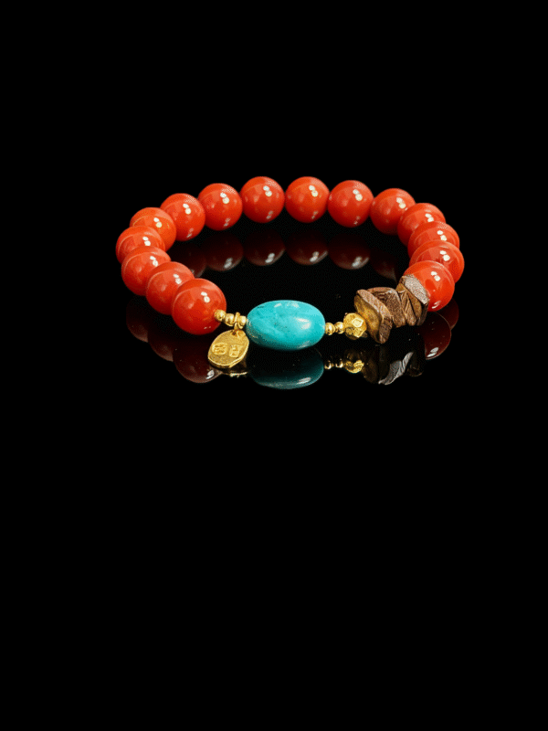 Xingtian inspired Steadfast Heart red agate bracelet (10mm) with turquoise center stone and gold charm