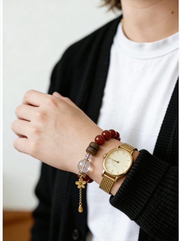 Unbroken Core Red Agate Bracelet inspired by Xingtian, featuring 10mm red agate beads, crystal accent and gold charm, worn on wrist with gold watch, handmade Chinese mythology jewelry