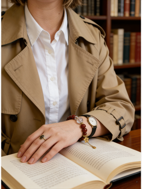 Handcrafted Unbroken Core Red Agate Bracelet inspired by Xingtian, 10mm red agate beads with crystal centerpiece and gold charm, worn while reading, Chinese myth inspired bracelet