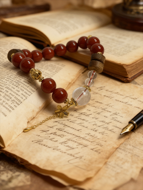 Unbroken Core red agate bracelet inspired by Xingtian, close-up of 10mm natural red agate beads with clear quartz and gold charm resting on vintage handwritten manuscript