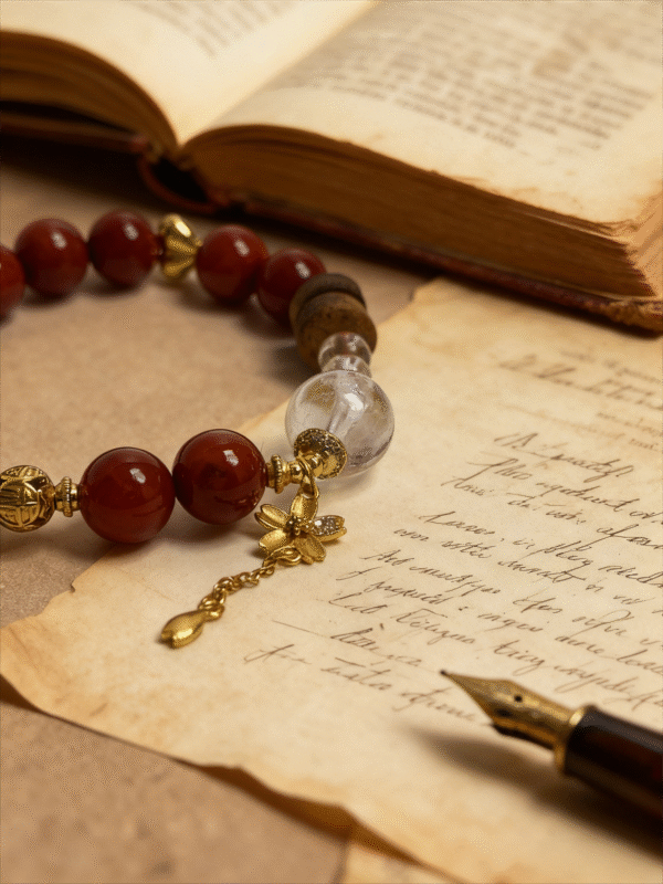 Xingtian inspired red agate bracelet featuring 10mm natural red agate beads, clear quartz centerpiece and gold floral charm displayed beside antique books and fountain pen