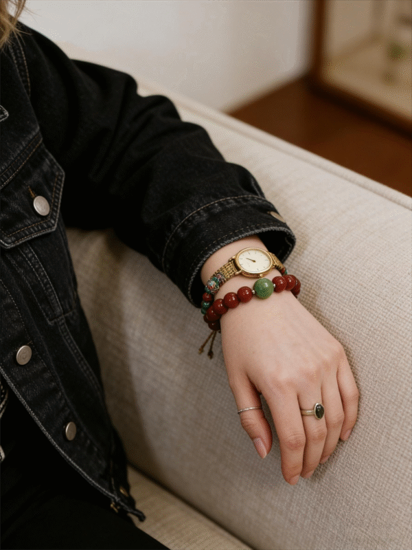 Unyielding Core Red Agate Bracelet Xingtian Inspired worn on wrist in casual lifestyle setting