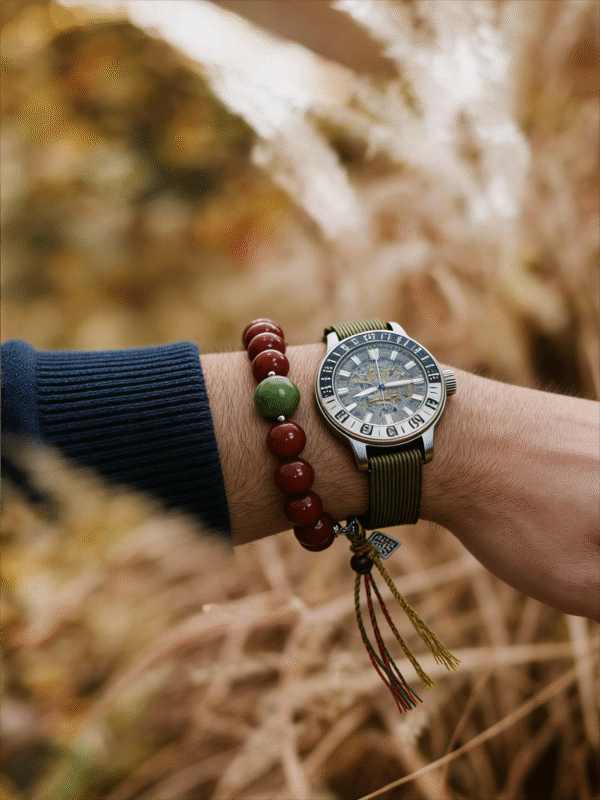 Unyielding Core Red Agate Bracelet Xingtian Inspired worn on men’s wrist with watch in outdoor natural setting
