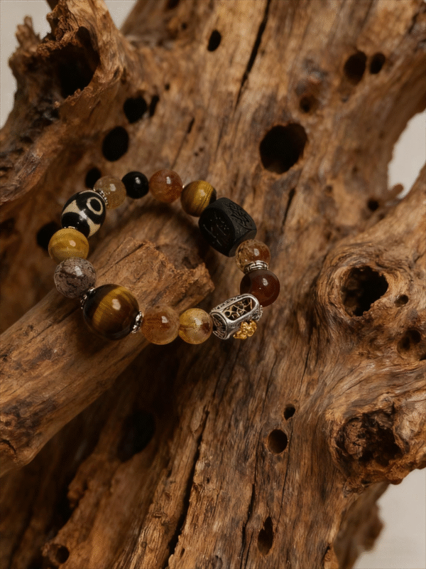 Handmade Watchful Relic agate bracelet (12–15mm) with mixed gemstone beads and statement centerpiece, displayed on rustic carved wood, bold unisex spiritual jewelry style