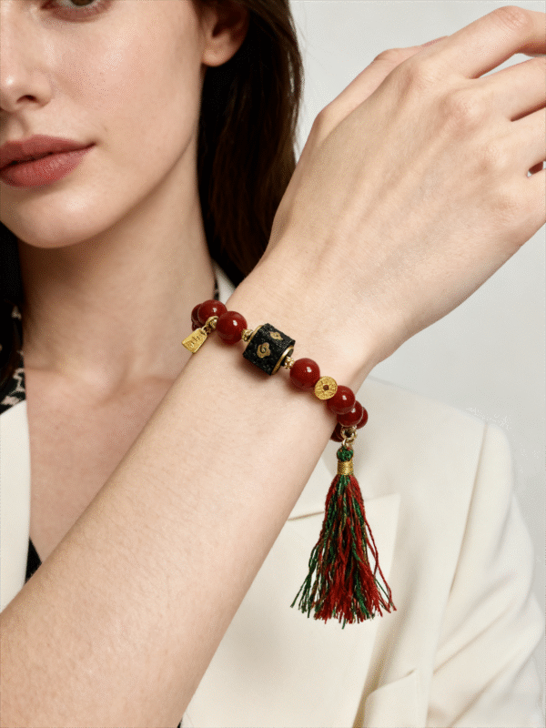 Woman wearing Xingtian's Scarlet Agate Bracelet featuring red agate beads, carved black centerpiece and multicolor tassel