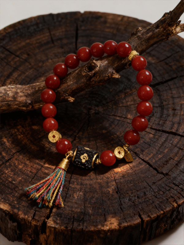 Red agate beaded bracelet inspired by Xingtian, featuring 10mm scarlet agate beads, gold accents, and a symbolic centerpiece displayed on a natural wooden branch