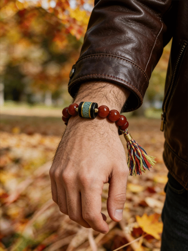 Close-up of Bound Resolve Red Agate Bracelet Xingtian Inspired 10mm on men’s wrist in autumn outdoor setting