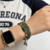 Woman wearing Harmonizing Green Agate Bracelet Shennong Inspired 6mm styled with modern smartwatch and natural green agate beads