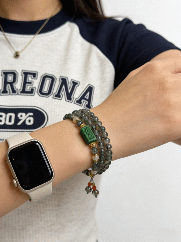 Woman wearing Harmonizing Green Agate Bracelet Shennong Inspired 6mm styled with modern smartwatch and natural green agate beads