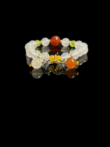 Lunar Stillness Agate Bracelet Chang’e Inspired 10mm featuring white agate beads with red and yellow accent stones on black background