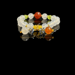 Lunar Stillness Agate Bracelet Chang’e Inspired 10mm featuring white agate beads with red and yellow accent stones on black background
