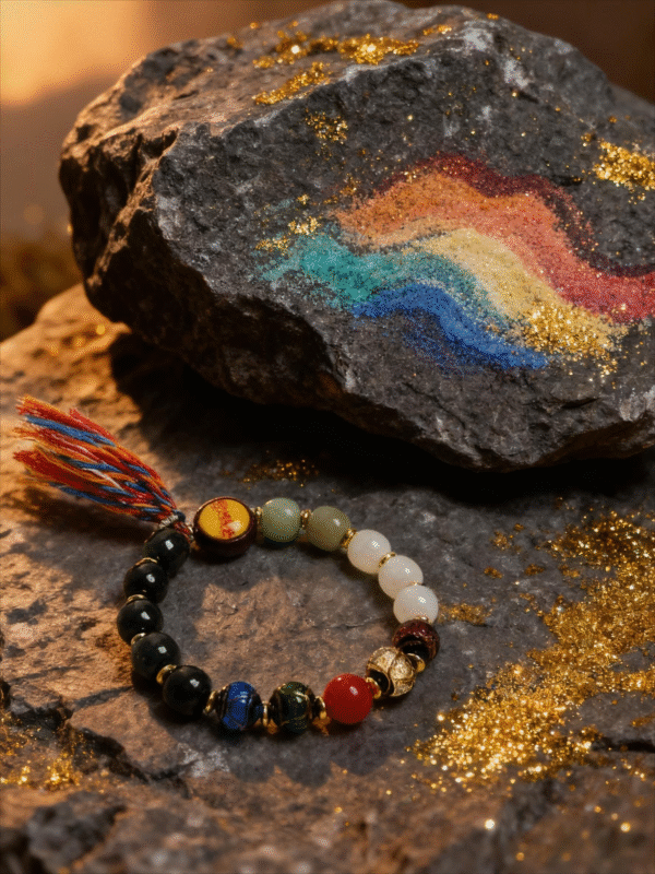 Close-up detail of handcrafted turbulent elemental agate bracelet showing polished multicolor agate beads and traditional knot