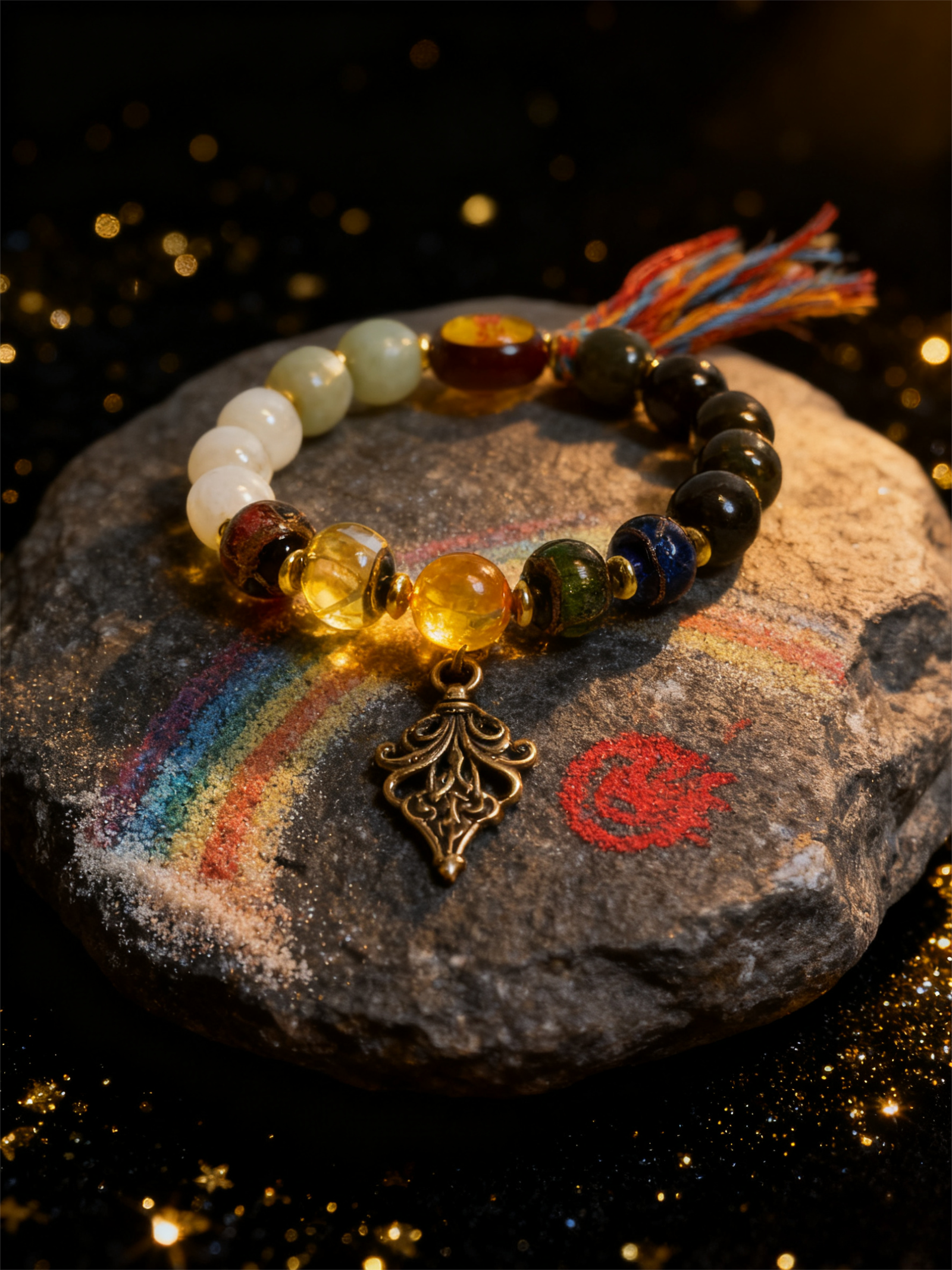 Turbulent Elemental Agate Bracelet inspired by Gonggong mythology, featuring multicolor agate beads in 10mm handcrafted design