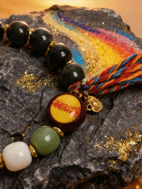 Gonggong inspired turbulent elemental agate bracelet displayed on artistic stone background with mythic color elements