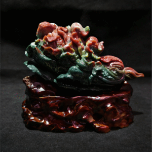 hand-carved stone collectible titled Auspicious Lingzhi Mountain, depicting layered lingzhi-inspired forms arranged as a mountain on a carved base
