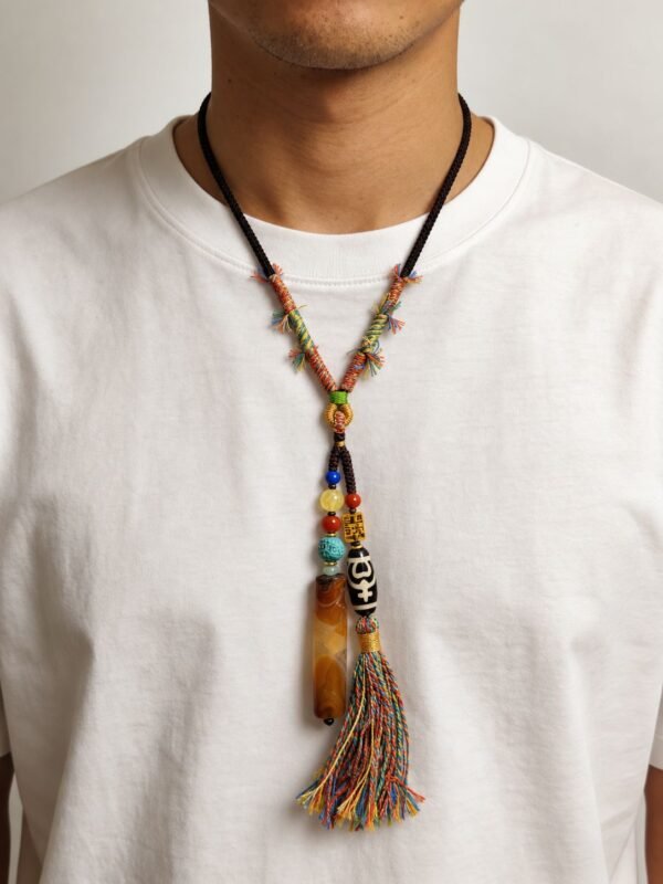 Pangu’s Sacred Origin Dzi Bead Necklace with Agate & Turquoise Pangu’s Sacred Origin Dzi Bead Necklace with Agate & Turquoise