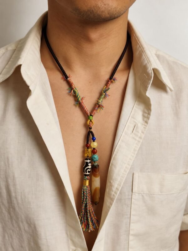 Pangu’s Sacred Origin Dzi Bead Necklace with Agate & Turquoise Pangu’s Sacred Origin Dzi Bead Necklace with Agate & Turquoise