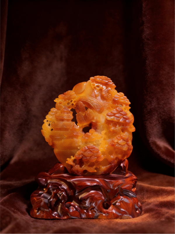 hand-carved mineral collectible titled Garden of Auspicious Dreams, featuring an intricately carved agate sculpture with layered landscape motifs displayed on a carved base