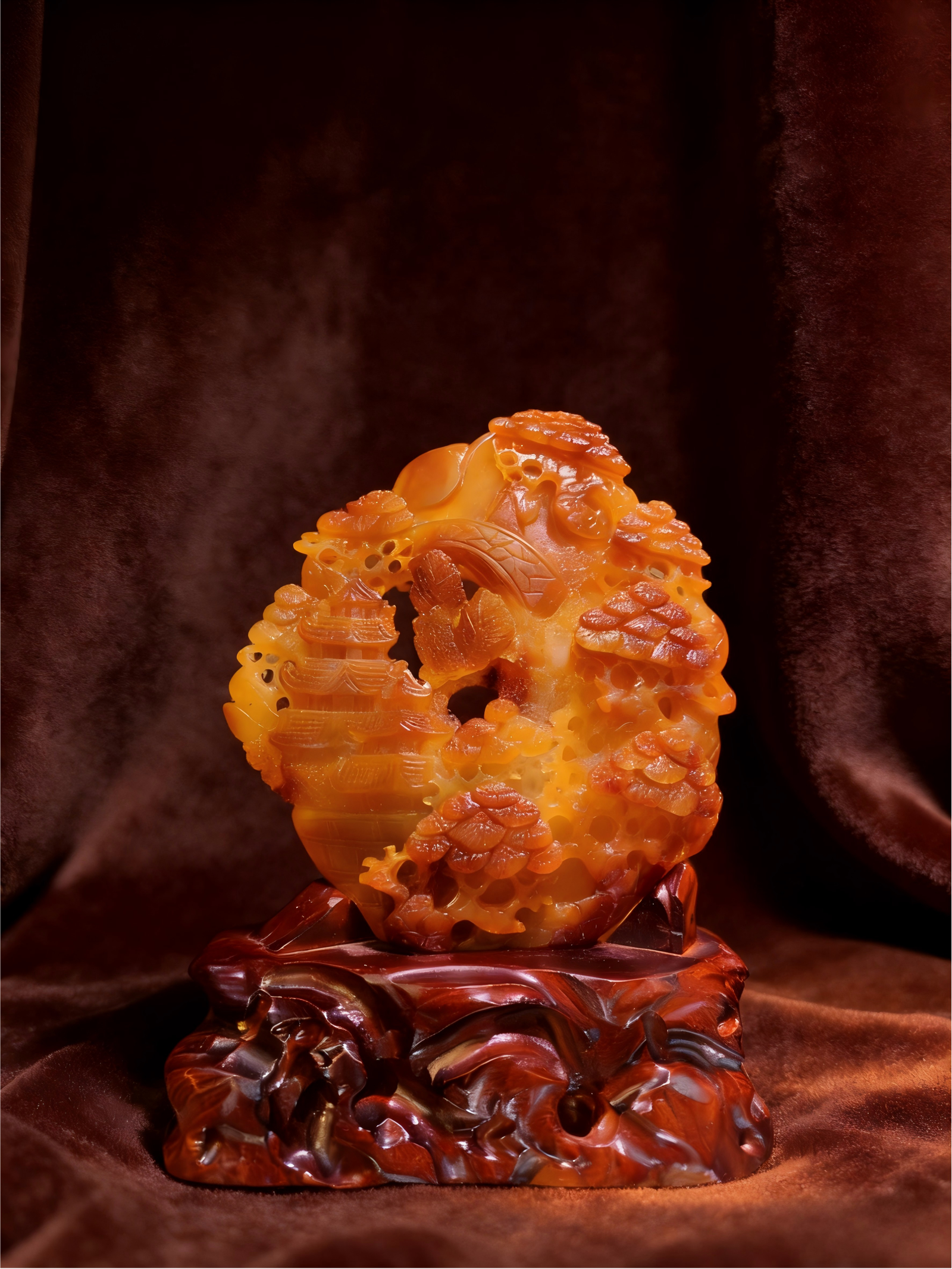 hand-carved mineral collectible titled Garden of Auspicious Dreams, featuring an intricately carved agate sculpture with layered landscape motifs displayed on a carved base