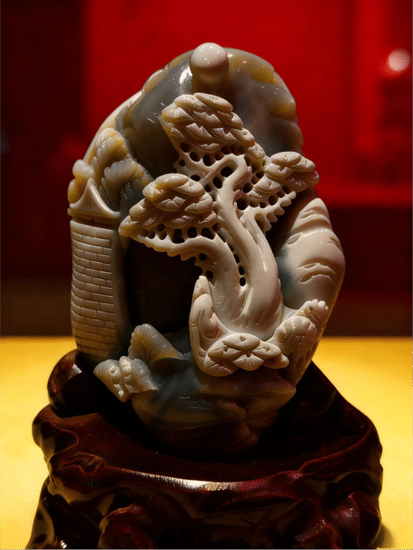 Pine of Longevity – Hand-carved Collectible hand-carved stone collectible titled Pine of Longevity, featuring a pine tree motif sculpted in layered stone and displayed on a carved base