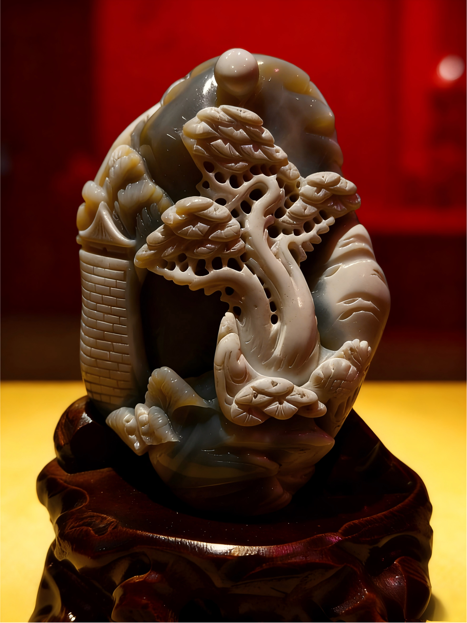 hand-carved stone collectible titled Pine of Longevity, featuring a pine tree motif sculpted in layered stone and displayed on a carved base