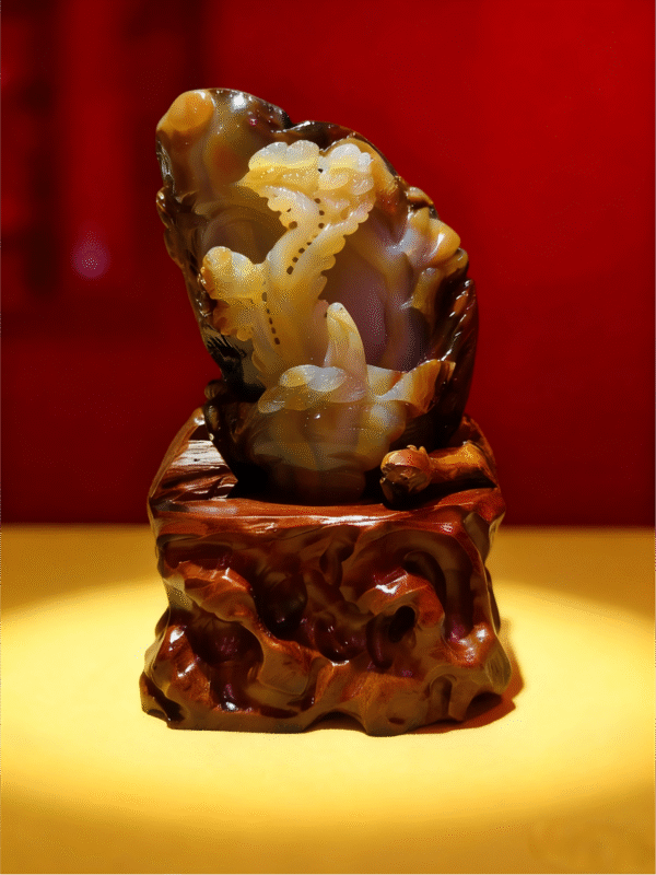 hand-carved stone collectible titled Pine on the Cliff, depicting pine-inspired forms emerging from a steep cliff-like stone composition on a carved base