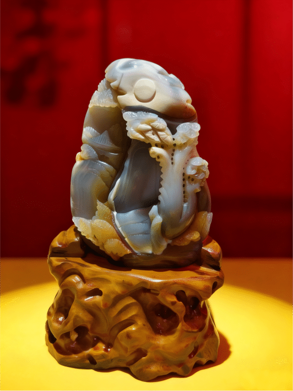 The Stone Guardian – Hand-carved Collectible hand-carved stone collectible titled The Stone Guardian, featuring a guardian-inspired sculptural form carved from layered stone and displayed on a carved base