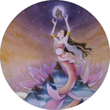 artistic illustration of Nuwa from Chinese mythology symbolizing purple agate energy, wisdom and sacred balance