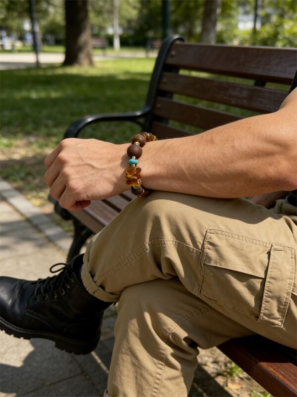 Pangu’s Earthheart Amber & Agarwood Bracelet with Phosphosiderite